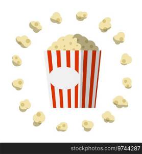 Popcorn. Circle of Corn food and red striped packaging. Funny icon. Movie theater snack. Popcorn. Circle of Corn food