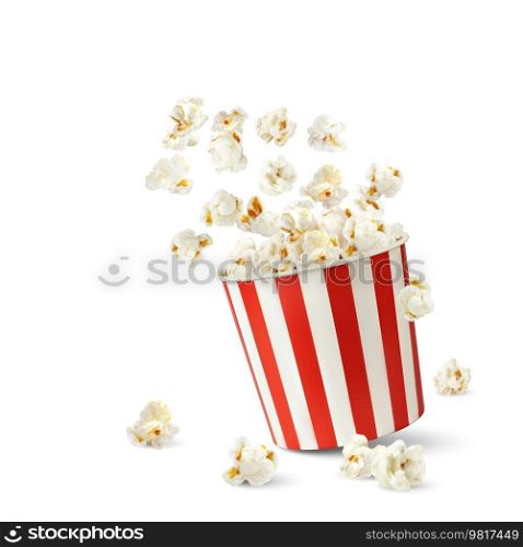Popcorn flakes and bucket. Realistic pop corn container. Vector mock up of white and red cardboard cup with flying out and scatter snack seeds. Isolated striped 3d paper box with fast food for cinema. Popcorn flakes and bucket, realistic pop corn .