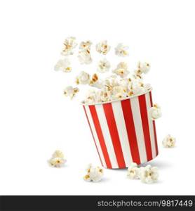 Popcorn flakes and bucket. Realistic pop corn container. Vector mock up of white and red cardboard cup with flying out and scatter snack seeds. Isolated striped 3d paper box with fast food for cinema. Popcorn flakes and bucket, realistic pop corn .