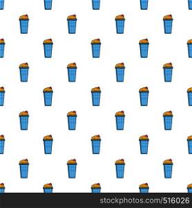 Popcorn in a blue bucket pattern seamless repeat in cartoon style vector illustration. Popcorn in a blue bucket pattern
