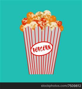 Popcorn in a striped cardboard box. Fast food. Popcorn. Vector illustration.
