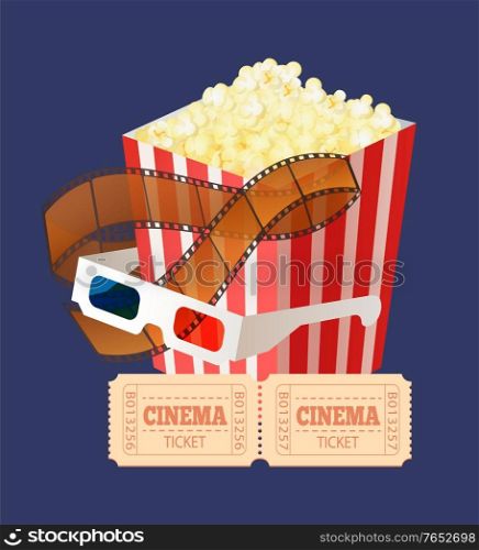 Popcorn in paper containter, glasses for watching in 3d format, cinema tickets with numbers and filmstrip. Movie equipments, coupon and food vector. Movie Coupons, Glasses and Snack, Filmstrip Vector