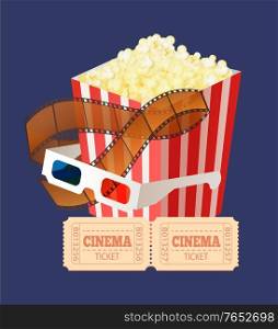 Popcorn in paper containter, glasses for watching in 3d format, cinema tickets with numbers and filmstrip. Movie equipments, coupon and food vector. Movie Coupons, Glasses and Snack, Filmstrip Vector