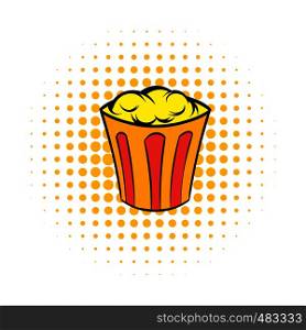 Popcorn in striped bucket comics icon on a white background. Popcorn in striped bucket comics icon
