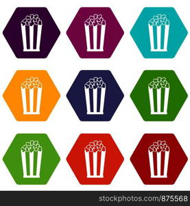 Popcorn in striped bucket icon set many color hexahedron isolated on white vector illustration. Popcorn in striped bucket icon set color hexahedron