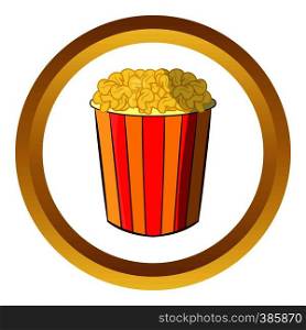 Popcorn in striped bucket vector icon in golden circle, cartoon style isolated on white background. Popcorn in striped bucket vector icon