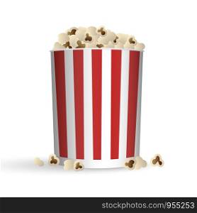 Popcorn in striped red and white bucket, vector illustration