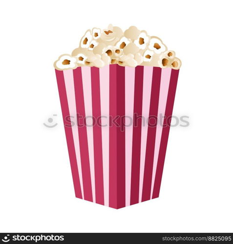 Popcorn isolated on a white background. A flat-style movie theater icon. A light snack. A large red and white striped box. Vector illustration. Popcorn isolated on a white background. A flat-style movie theater icon. A light snack. A large red and white striped box. Vector illustration.