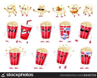 Popcorn mascot. Cartoon sweet and salty popping movie fun snack character with cute face, hands and legs. Vector food for TV series and cinema watching. Illustration of popcorn snack salty and sweet. Popcorn mascot. Cartoon sweet and salty popping corn movie fun snack character with cute happy face, hands and legs. Vector food for TV series and cinema watching