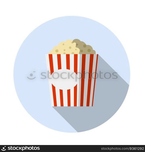 Popcorn. Movie theater snack. Corn meal in a red striped package in a blue circle. Funny icon.. Popcorn. Movie theater snack.