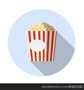 Popcorn. Movie theater snack. Corn meal in a red striped package in a blue circle. Funny icon.. Popcorn. Movie theater snack.