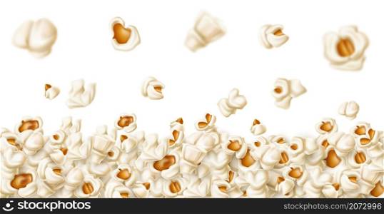 Popcorn seamless border. Realistic flying salted corn flakes background, cinema snacks frame, 3d party fast food products heap, falling flakes horizontal backdrop, vector isolated on white concept. Popcorn seamless border. Realistic flying salted corn flakes background, cinema snacks frame, 3d party fast food products heap, falling flakes horizontal backdrop, vector isolated concept