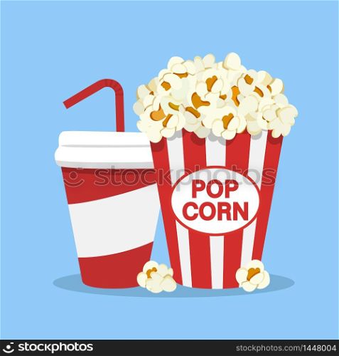 Popcorn snack and drink in flat style isolated on white backgorund. Popcorn and Soda icon. Vector stock