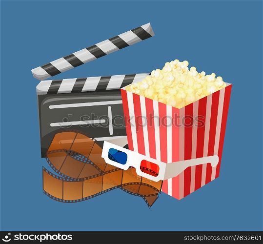 Popcorn snack in package, movie clapperboard with date and time of filming, special glasses for watching 3d films in cinema halls isolated. Vector illustration in flat cartoon style. Movie Clapperboard and Popcorn Snack Packages