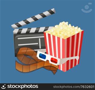 Popcorn snack in package, movie clapperboard with date and time of filming, special glasses for watching 3d films in cinema halls isolated. Vector illustration in flat cartoon style. Movie Clapperboard and Popcorn Snack Packages