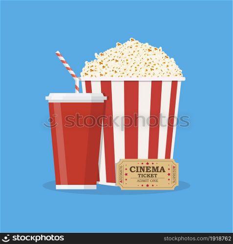 Popcorn striped bucket with cup of soda and cinema ticket. Vector illustration in flat style. Popcorn with cup of soda and cinema ticket.