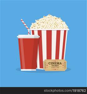 Popcorn striped bucket with cup of soda and cinema ticket. Vector illustration in flat style. Popcorn with cup of soda and cinema ticket.
