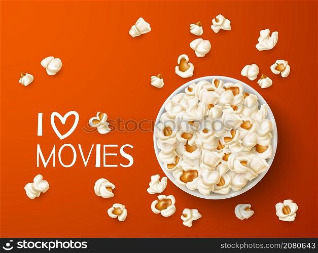 Popcorn top view. Realistic round cardboard bucket with cinema snacks, salted and caramel flakes, takeaway food for watching movies, advertising banner isolated on orange background, vector concept. Popcorn top view. Realistic round cardboard bucket with cinema snacks, salted and caramel flakes, food for watching movies, advertising banner isolated on orange background, vector concept