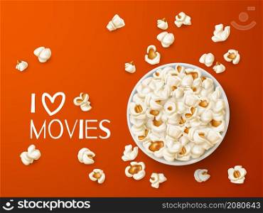 Popcorn top view. Realistic round cardboard bucket with cinema snacks, salted and caramel flakes, takeaway food for watching movies, advertising banner isolated on orange background, vector concept. Popcorn top view. Realistic round cardboard bucket with cinema snacks, salted and caramel flakes, food for watching movies, advertising banner isolated on orange background, vector concept
