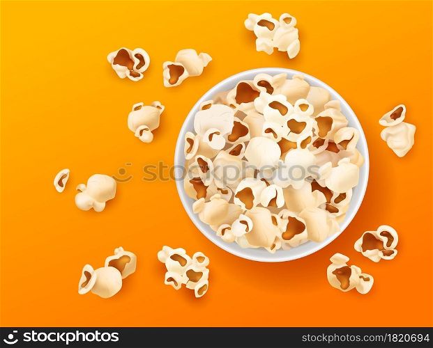 Popcorn top view. Realistic snacks in paper bucket, cup corn souffles on bright color background, salted and caramel sweet fast foods. Cinema or circus snack, yellow backdrop. Vector isolated concept. Popcorn top view. Realistic snacks in paper bucket, cup corn souffles on bright color background, salted and caramel sweet fast foods. Cinema snack, yellow backdrop. Vector isolated concept