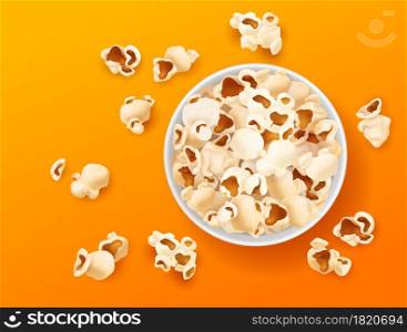 Popcorn top view. Realistic snacks in paper bucket, cup corn souffles on bright color background, salted and caramel sweet fast foods. Cinema or circus snack, yellow backdrop. Vector isolated concept. Popcorn top view. Realistic snacks in paper bucket, cup corn souffles on bright color background, salted and caramel sweet fast foods. Cinema snack, yellow backdrop. Vector isolated concept