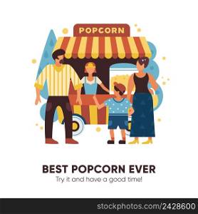 Popcorn van with sellers buyers and family symbols flat vector illustration. Popcorn Van Illustration