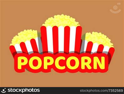 Popcorn vector illustration with striped container pack isolated on beige background street food, sweet dish from corn gains, tasty snack in colorful packs. Popcorn Vector Illustration with Striped Food Pack