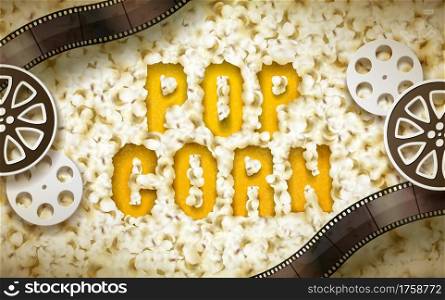 Popcorn word displayed by popcorn, with filmstrip and reel elements, 3d illustration. Graphic design element.. Popcorn word with filmstrip