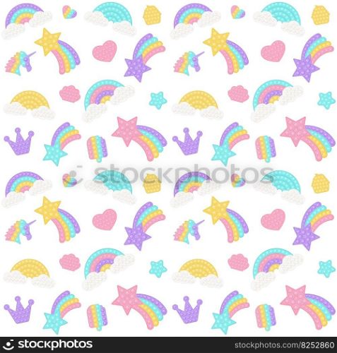 Popit background with a fashionable silicon fidget toys. Addictive anti-stress toy in pastel colors. Bubble popit background with rainbow, star. Vector illustration on white background. Popit background with a fashionable silicon fidget toys. Addictive anti-stress toy in pastel colors. Bubble popit background with rainbow, star. Vector illustration on white background.