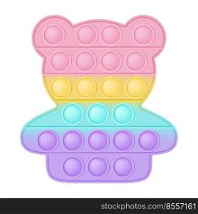 Popit figure bear a fashionable silicon toy for fidgets. Addictive anti stress toy in pastel rainbow colors. Bubble anxiety developing pop it toys for kids. Vector illustration isolated on white.