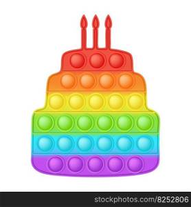 Popit figure big cake as a fashionable silicon toy for fidgets. Addictive anti stress toy in bright rainbow colors. Bubble anxiety developing pop it toys for kids. Vector illustration isolated on white. Popit figure big cake as a fashionable silicon toy for fidgets. Addictive anti stress toy in bright rainbow colors. Bubble anxiety developing pop it toys for kids. Vector illustration isolated on white.