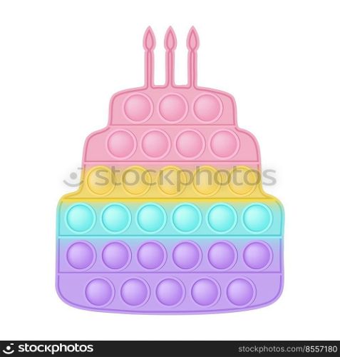 Popit figure big cake as a fashionable silicon toy for fidgets. Addictive anti stress toy in pastel rainbow colors. Bubble anxiety developing pop it toys for kids. Vector illustration isolated on white.