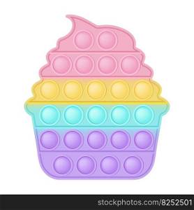 Popit figure cupcake as a fashionable silicon fidget toys. Addictive anti stress toy in pastel rainbow colors. Bubble anxiety developing pop it toys for kids. Vector illustration isolated on white. Popit figure cupcake as a fashionable silicon fidget toys. Addictive anti stress toy in pastel rainbow colors. Bubble anxiety developing pop it toys for kids. Vector illustration isolated on white.
