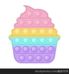 Popit figure cupcake as a fashionable silicon fidget toys. Addictive anti stress toy in pastel rainbow colors. Bubble anxiety developing pop it toys for kids. Vector illustration isolated on white.