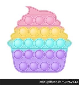Popit figure cupcake as a fashionable silicon toy for fidgets. Addictive anti stress toy in pastel rainbow colors. Bubble anxiety developing pop it toys for kids. Vector illustration isolated on white. Popit figure cupcake as a fashionable silicon toy for fidgets. Addictive anti stress toy in pastel rainbow colors. Bubble anxiety developing pop it toys for kids. Vector illustration isolated on white.