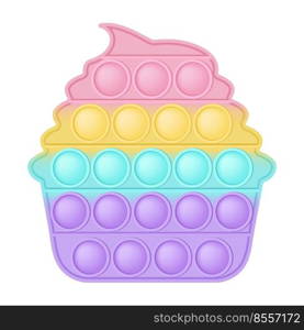 Popit figure cupcake as a fashionable silicon toy for fidgets. Addictive anti stress toy in pastel rainbow colors. Bubble anxiety developing pop it toys for kids. Vector illustration isolated on white.