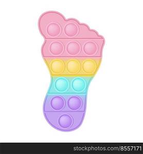 Popit figure foot as a fashionable silicon toy for fidgets. Addictive anti stress toy in pastel rainbow colors. Bubble anxiety developing pop it toys for kids. Vector illustration isolated on white.