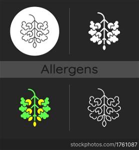 Poplar tree pollen dark theme icon. Cottonwood plant. Cause of allergic reaction. Seasonal allergen. Allergy for plant. Linear white, simple glyph and RGB color styles. Isolated vector illustrations. Poplar tree pollen dark theme icon