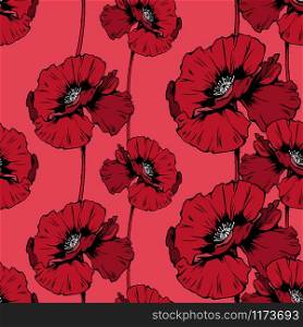 Poppies blossom hand drawn seamless pattern. Floral ink pen color texture. Wild flowers color illustration. Field wildflower vintage freehand drawing. Wallpaper, wrapping paper, textile design. Red poppies hand drawn seamless ink pen pattern