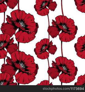 Poppies blossom hand drawn seamless pattern. Floral ink pen color texture. Wild flowers color illustration. Field wildflower vintage freehand drawing. Wallpaper, wrapping paper, textile design. Red poppies hand drawn seamless ink pen pattern