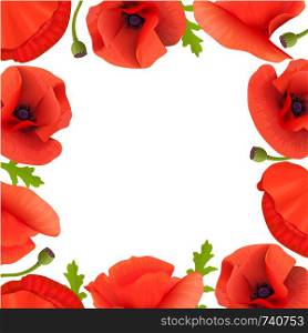 Poppies Stems and flowers frame. card border template with copy space. Pods, leaves, branch boxing. Vector illustration. For prints, posters, flyer, flier, text, copy space, textile tags labels. Poppies Stems and flowers frame. card border template with copy space. Pods, leaves, branch boxing