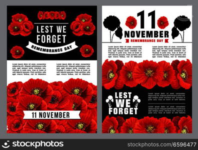 Poppy Day Lest We Forget poster for Remembrance Day template. Red poppy flower field with 11 November memorial ribbon banner for World War soldier and veteran Memory Day design. Poppy Day Lest We Forget poster of Remembrance Day