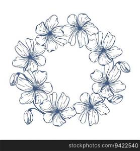 Poppy flower navy blue wreath, round frame for laser cut. Vector line art hand drawn illustration, for card or invitation, coloring page. Poppy flower wreath, round frame for card or invite. Vector line art hand drawn illustration, for card or invitation, coloring page