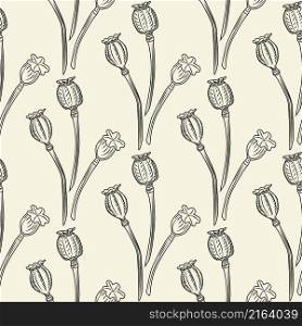 Poppy flower seamless pattern. Poppies wallpaper. Engraving vintage style. Vector illustration. Poppy flower seamless pattern. Poppies wallpaper illustration