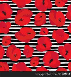 Poppy seamless pattern. Red poppies on black and white striped background. Can be uset for textile, wallpapers, prints and web design. Vector illustration. Poppy seamless pattern. Red poppies on white background. Can be uset for textile, wallpapers, prints and web design. Vector illustration.