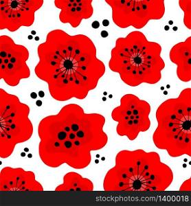 Poppy seamless pattern. Red poppies on white background. Can be uset for textile, wallpapers, prints and web design. Vector illustration