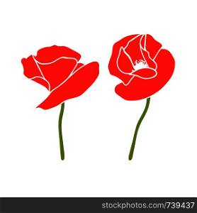 Poppy two red flowers heads and stems. Side view. Flat style. Scarlett petals. Day of Remembrance. Vector illustration. Papaveroideae. Papaver somniferum. Anzac. cards, invitation, decoration design.. Poppy two red flowers heads and stems. Side view. Flat style. Scarlett petals. Day of Remembrance.