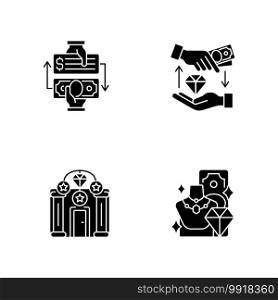 Popshop black glyph icons set on white space. Paid check cashing. Money loan. Upscale pawnshops. Product valuable. Cashing checks without bank account. Silhouette symbols. Vector isolated illustration. Popshop black glyph icons set on white space