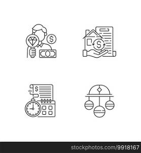 Popshop linear icons set. Paid check cashing. Money loan. Upscale pawnshops. Product valuable. Customizable thin line contour symbols. Isolated vector outline illustrations. Editable stroke. Popshop linear icons set