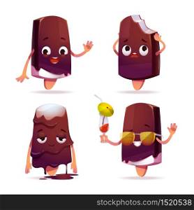 Popsicle ice cream character, funny eskimo pie with kawaii face expressing emotions, say hello, melting on heat, touching head with bitten off piece, wear sunglasses and drinking cocktail cartoon vector set. Popsicle ice cream character, funny eskimo pie